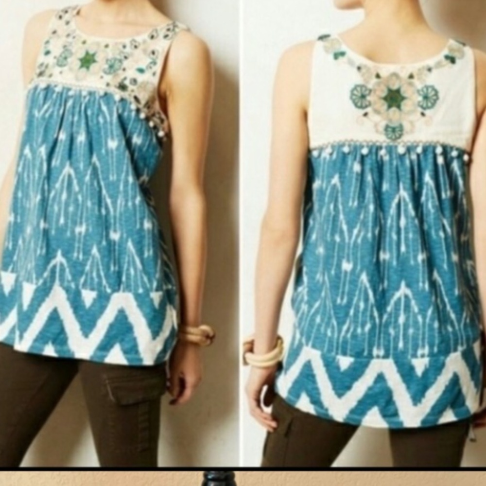 Floreat by Anthropologie ivory blue embroidered Cascada sleeveless top Sz S